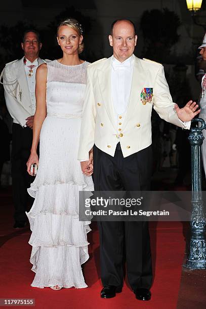 Princess Charlene of Monaco and Prince Albert II of Monaco attend a dinner at Opera terraces after their religious wedding ceremony on July 2, 2011...