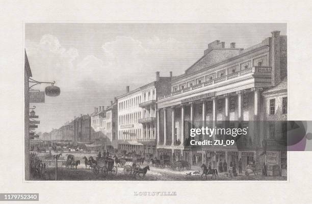 stockillustraties, clipart, cartoons en iconen met historisch overzicht van louisville in kentucky, usa, staal gravure, 1860 - louisville kentucky