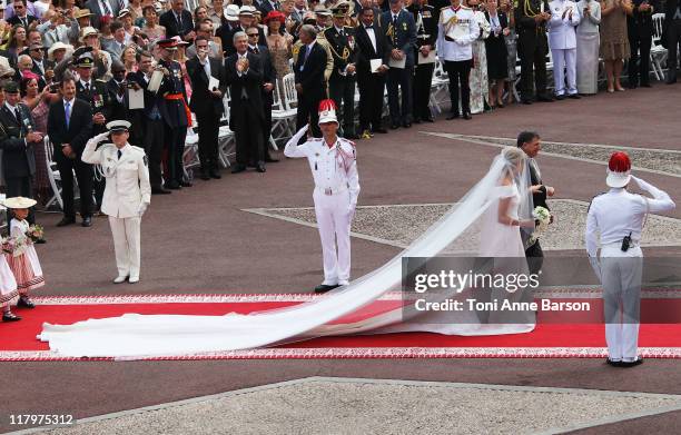 Princess Charlene of Monaco and Michael Kenneth Wittstock arrive at the religious ceremony of the Royal Wedding of Prince Albert II of Monaco to...