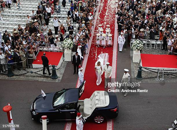 Prince Albert II of Monaco and Princess Charlene of Monaco make their journey to Sainte Devote church after their religious wedding ceremony at the...