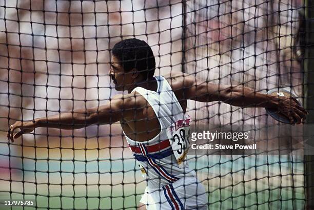 Daley Thompson of Great Britain during the Discus throw event of the Men's Decathlon on 9th August 1984 during the XXIII Olympic Games at the Los...