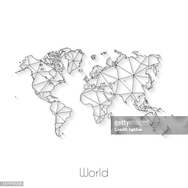 illustrazioni stock, clip art, cartoni animati e icone di tendenza di connessione mappa del mondo - mesh di rete su sfondo bianco - triangolo forma bidimensionale