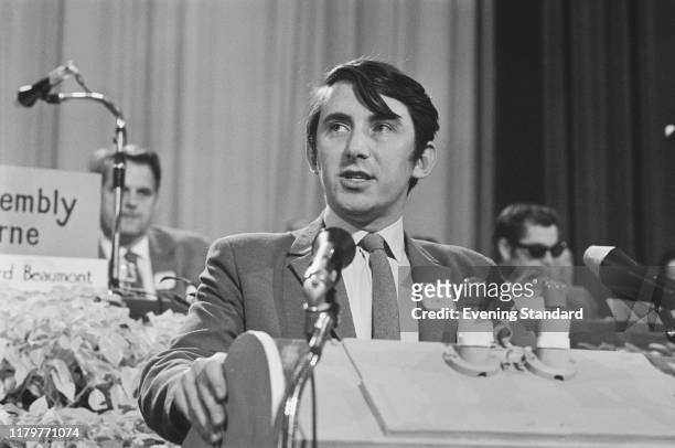 British Liberal Party politician and Liberal Party Chief Whip, David Steel delivers a speech from the platform at the Liberal Party annual conference...