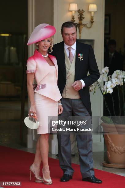 Prince Carl of Bourbon-two sicilies, Duke of Castro and his wife Princess Camilla, Duchess of Castro are sighted arriving at the 'Hermitage' hotel to...