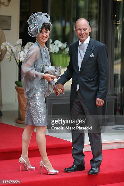 Bertrand Piccard and his wife Michele Piccard are sighted at the 'Hermitage' hotel to attend the Royal Wedding of Prince Albert II of Monaco to...