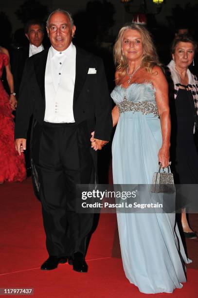 Philip Green and Tina Green attend a dinner at Opera terraces after the religious wedding ceremony of Prince Albert II of Monaco and Princess...