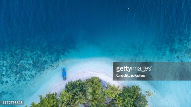 aerial view of boat on the beach at misool raja ampat papua indonesia - raja ampat islands 個照片及圖片檔