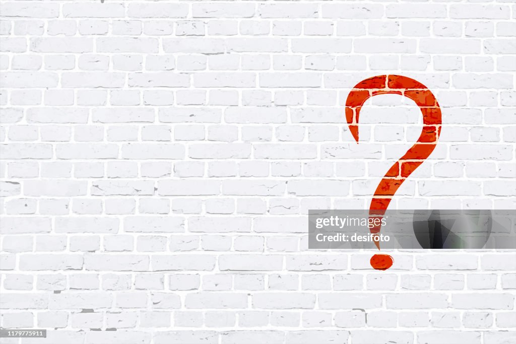 One big red color question mark marks over a white color brick pattern wall texture grunge background horizontal vector illustration