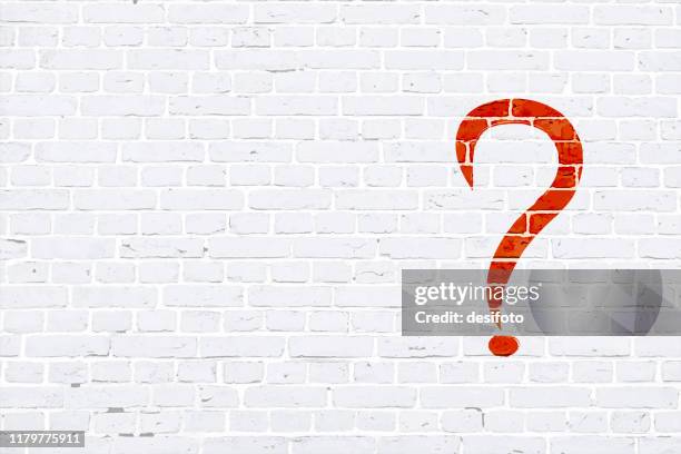 one big red color question mark marks over a white color brick pattern wall texture grunge background horizontal vector illustration - big red question mark stock illustrations