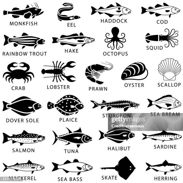 ilustrações de stock, clip art, desenhos animados e ícones de seafood, fish and shellfish icons - bacalhau