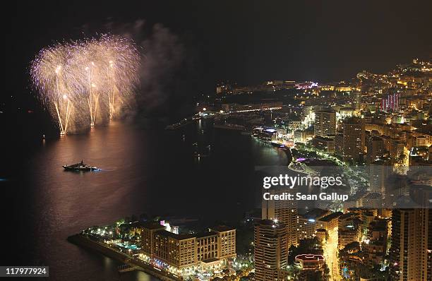 Fireworks explode over the sea in front of Monte Carlo following the dinner and religious ceremony of the Royal Wedding of Prince Albert II of Monaco...