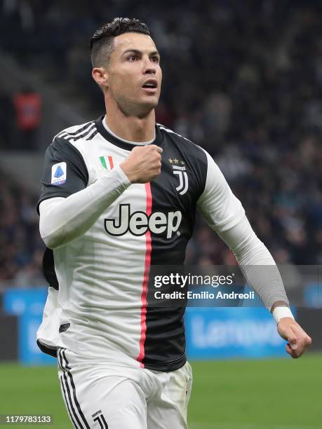 Cristiano Ronaldo of Juventus gestures during the Serie A match between FC Internazionale and Juventus at Stadio Giuseppe Meazza on October 6, 2019...