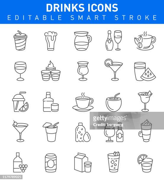 drinks and cocktail icons. editable smart stroke collection - juice stock illustrations