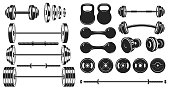 Gym equipment silhouette. Fitness sport, heavy weight barbell and vintage bodybuilding stencil vector illustration set