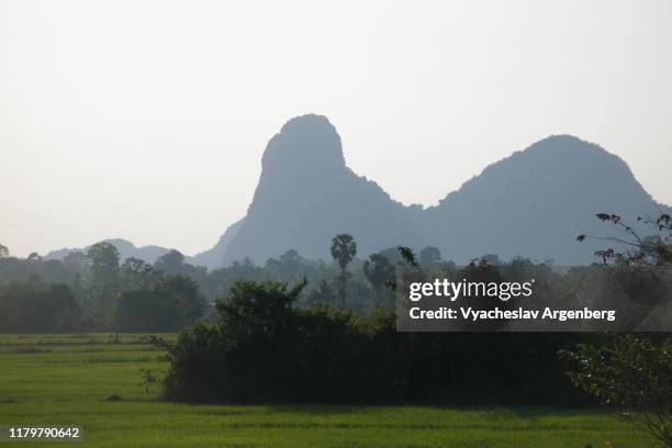 rural landscape with forest and limestone rock formations in remote phatthalung province, thailand - phatthalung province stock-fotos und bilder