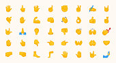 Hand Emojis Gestures Vector Icons Set. All Type of Hand Emoticons, Thumbs Up, Down, Arm, Elbow, Gym, Muscle, Nail Illustrations Collection