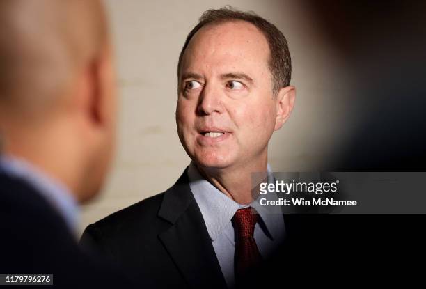 Rep. Adam Schiff , Chairman of the House Select Committee on Intelligence Committee speaks at a press conference at the U.S. Capitol on October 08,...