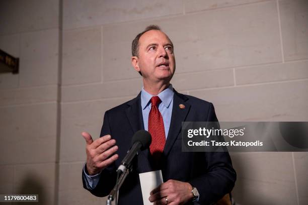 Rep. Adam Schiff , Chairman of the House Select Committee on Intelligence Committee speaks at a press conference at the U.S. Capitol on October 08,...