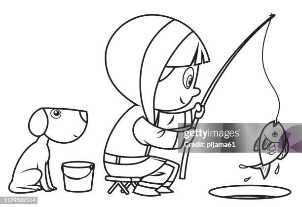 coloring book, eskimo fishing - fur coat stock illustrations
