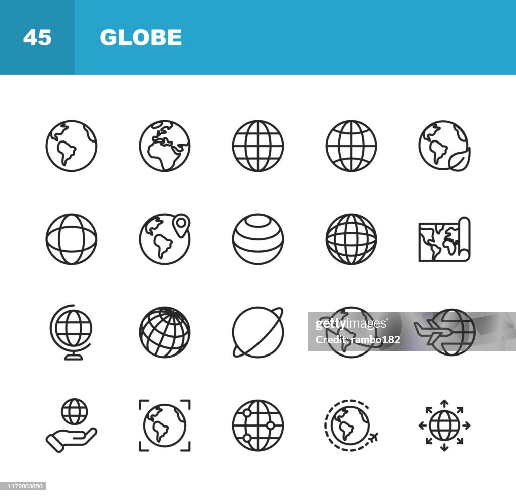 Globe und Kommunikationslinie Icons. Bearbeitbarer Strich. Pixel perfekt. Für Mobile und Web. Enthält Symbole wie Globe, Map, Navigation, Global Business, Global Communication.