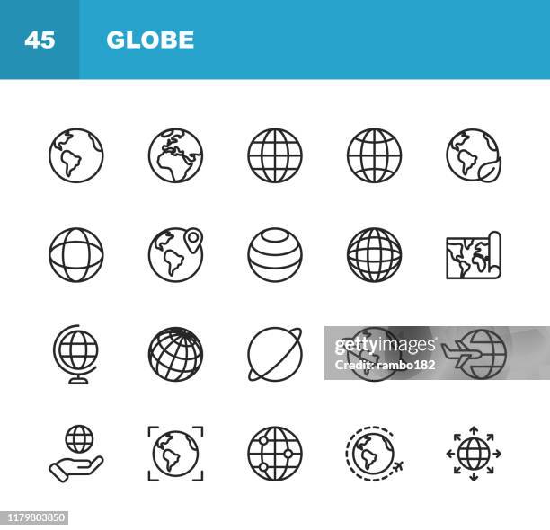 bildbanksillustrationer, clip art samt tecknat material och ikoner med globe-och kommunikationslinje ikoner. redigerbar stroke. pixel perfekt. för mobil och webb. innehåller ikoner som globen, karta, navigation, global business, global kommunikation. - planet earth