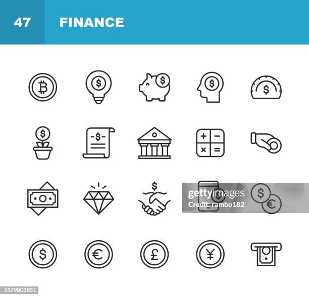 stockillustraties, clipart, cartoons en iconen met finance en banking lijn iconen. bewerkbare lijn. pixel perfect. voor mobiel en internet. bevat dergelijke iconen zoals geld, financiën, bankieren, munten, grafiek, crytpocurrency, bitcoin, piggy bank, bank, diamond. - british currency