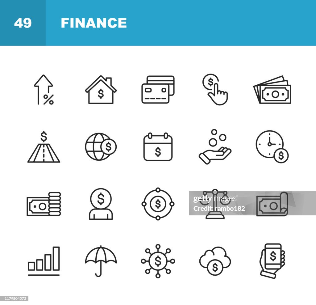 Icônes de la ligne de financement et bancaire. Accident vasculaire cérébral modifiable. Pixel Parfait. Pour Mobile et Web. Contient des icônes telles que Money, Finance, Banking, Coins, Chart, Real Estate, Personal Finance, Insurance, Balance, Global F