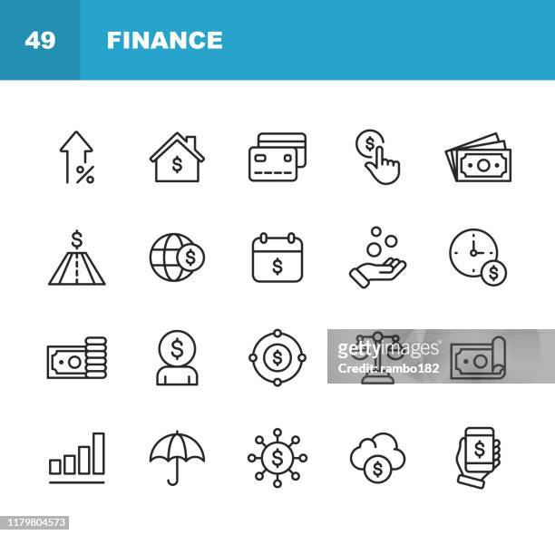 finance and banking line icons. editable stroke. pixel perfect. for mobile and web. contains such icons as money, finance, banking, coins, chart, real estate, personal finance, insurance, balance, global finance. - financiën stock illustrations