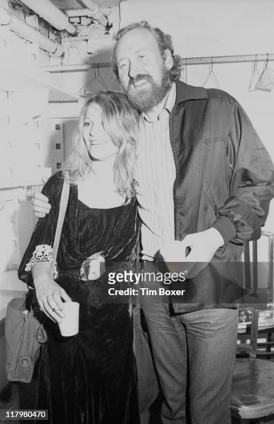 Britsh actress Julie Christie poses with British actor Nicol Williamson in the latter's dressing room at the Eastside Playhouse where he was...
