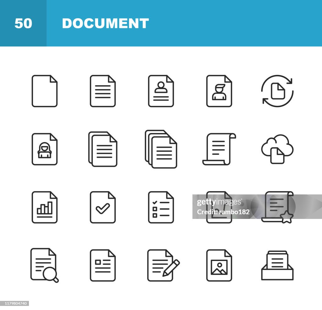 Dokumentzeilensymbole. Bearbeitbarer Strich. Pixel perfekt. Für Mobile und Web. Enthält Symbole wie Dokument, Datei, Kommunikation, Lebenslauf, Dateisuche.