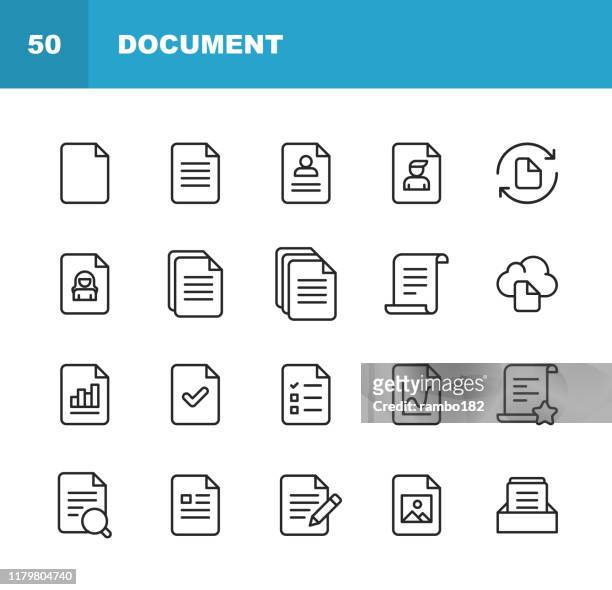 document line icons. editable stroke. pixel perfect. for mobile and web. contains such icons as document, file, communication, resume, file search. - paperwork stock illustrations