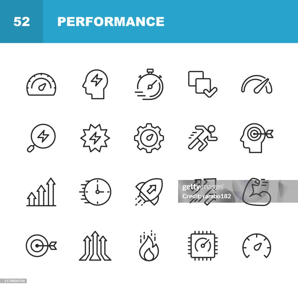 Leistungsliniensymbole. Bearbeitbarer Strich. Pixel perfekt. Für Mobile und Web. Enthält Symbole wie Leistung, Wachstum, Feedback, Laufen, Tachometer, Autorität, Erfolg.