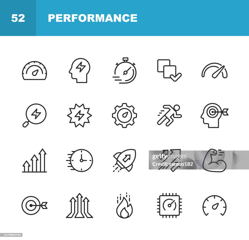 Icônes de ligne de performance. Accident vasculaire cérébral modifiable. Pixel Parfait. Pour Mobile et Web. Contient des icônes telles que Performance, Croissance, Feedback, Running, Speedometer, Authority, Success.