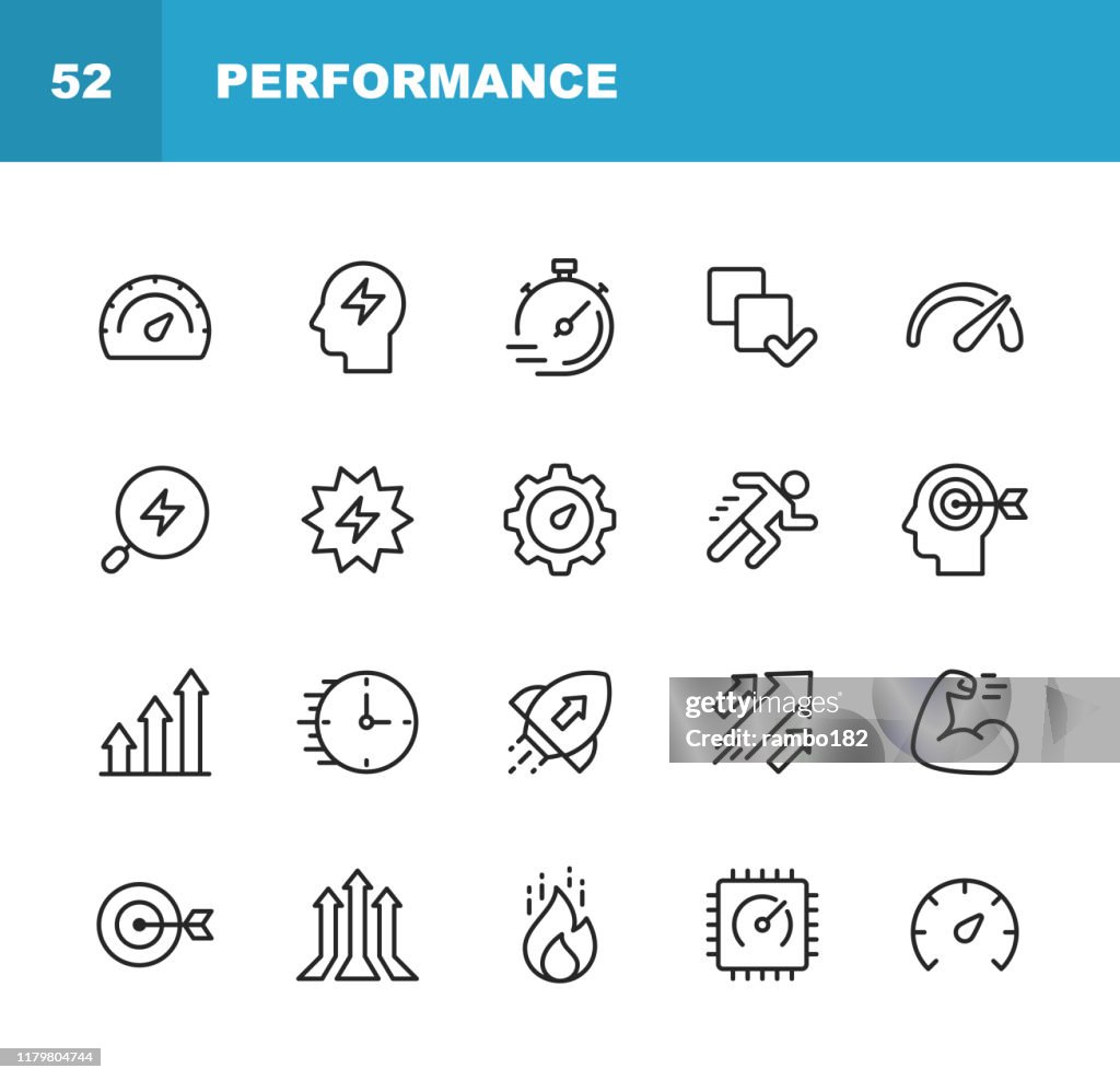 Performance Line Icons. Editable Stroke. Pixel Perfect. For Mobile and Web. Contains such icons as Performance, Growth, Feedback, Running, Speedometer, Authority, Success.