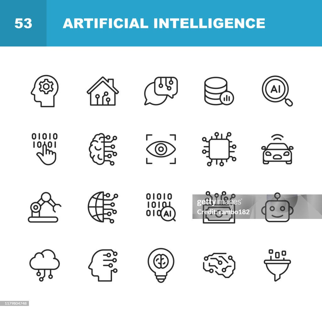 Icônes de ligne d'intelligence artificielle. Accident vasculaire cérébral modifiable. Pixel Parfait. Pour Mobile et Web. Contient des icônes telles que l'intelligence artificielle, l'apprentissage automatique, l'Internet des objets, le Big Data, la tec