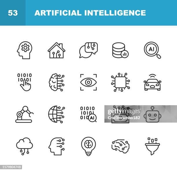 illustrations, cliparts, dessins animés et icônes de icônes de ligne d'intelligence artificielle. accident vasculaire cérébral modifiable. pixel parfait. pour mobile et web. contient des icônes telles que l'intelligence artificielle, l'apprentissage automatique, l'internet des objets, le big data, la tec - imitation stock