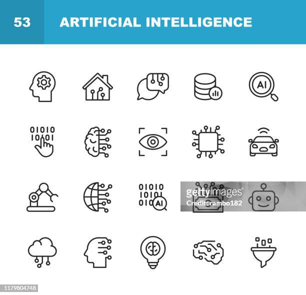 artificial intelligence line icons. editable stroke. pixel perfect. for mobile and web. contains such icons as artificial intelligence, machine learning, internet of things, big data, network technology, robot, finance cloud computing. - virtual reality stock illustrations