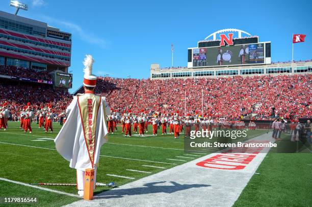 The band for the Nebraska Cornhuskers performs before the game against the Northwestern Wildcats at Memorial Stadium on October 5, 2019 in Lincoln,...