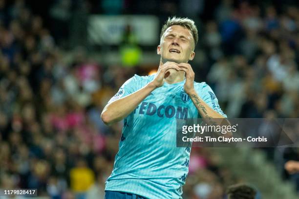October 5: Aleksandr Golovin of Monaco reacts after missing a good chance during the Montpellier V Monaco, French Ligue 1 regular season match at...