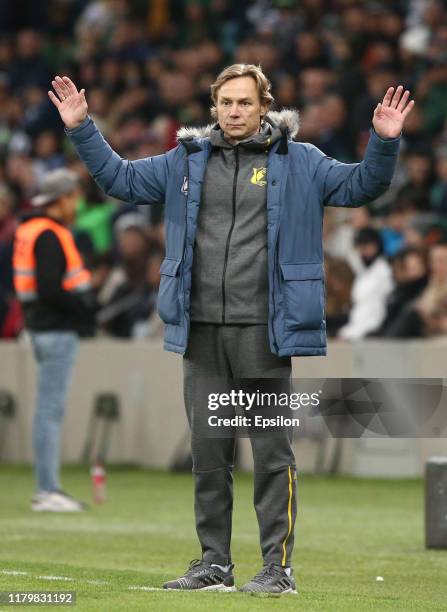 Head coach of FC Rostov Rostov-on-Don Valeri Karpin gestures during the Russian Premier League match between FC Krasnodar and FC Rostov Rostov-on-Don...