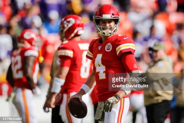 Chad Henne of the Kansas City Chiefs smiles during pregame warmups prior to the game against the Minnesota Vikings at Arrowhead Stadium on November...