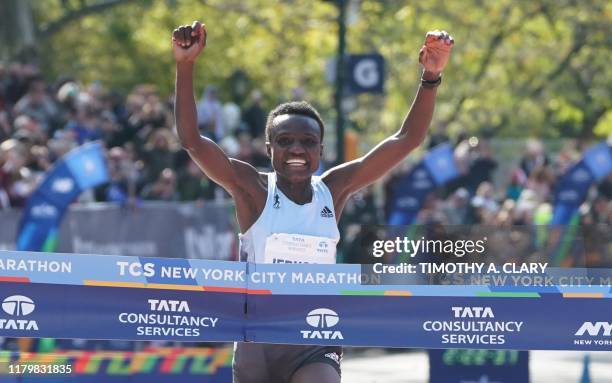 Joyciline Epikouros of Kenya crosses the finish line to win the Professional Women's Finish during the 2019 TCS New York City Marathon in New York on...