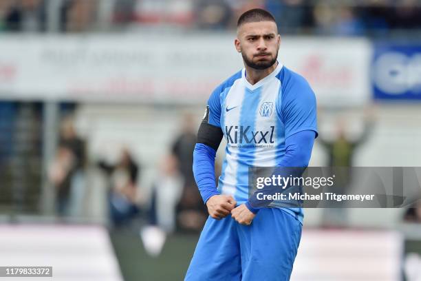 Deniz Undav of Meppen celebrate their teams first goal during the 3. Liga match between SV Meppen and Bayern Muenchen II at Haensch-Arena on November...