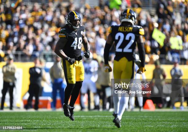 Bud Dupree of the Pittsburgh Steelers reacts after making a tackle during the first quarter against the Indianapolis Colts at Heinz Field on November...