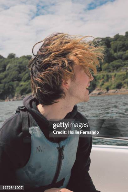 boat outing on british bay - windswept tree stock pictures, royalty-free photos & images