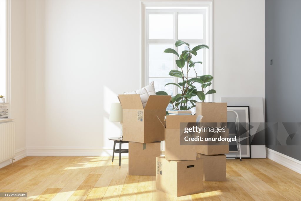 Cajas de cartón en apartamento nuevo