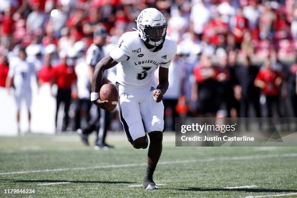 Micale Cunningham of the Louisville Cardinals runs the ball in the game against the Boston College Eagles at Cardinal Stadium on October 05, 2019 in...