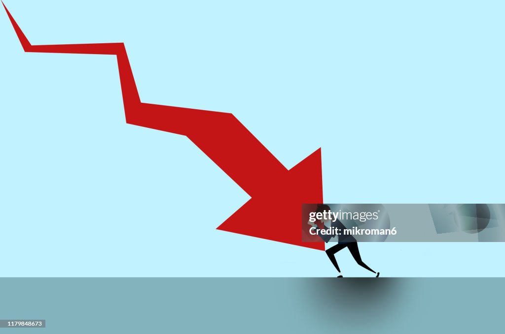 Arrow going down and question mark and man stopping it