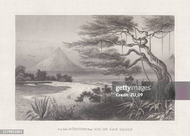 stockillustraties, clipart, cartoons en iconen met meer van nicaragua, staal gravure, gepubliceerd in 1860 - concepcion chile