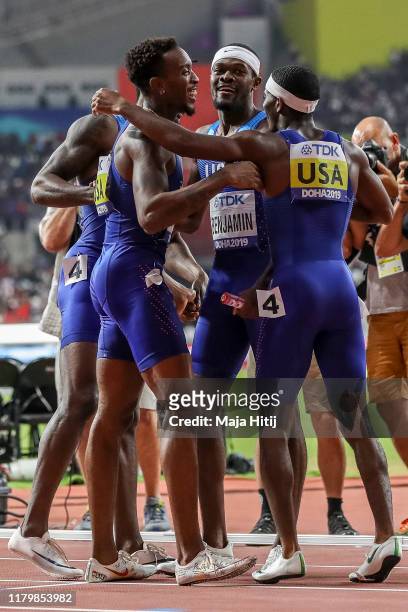 Fred Kerley, Michael Cherry, Wilbert London and Rai Benjamin of USA celebrate after winning Men's 4x400 metres relay final during day ten of 17th...